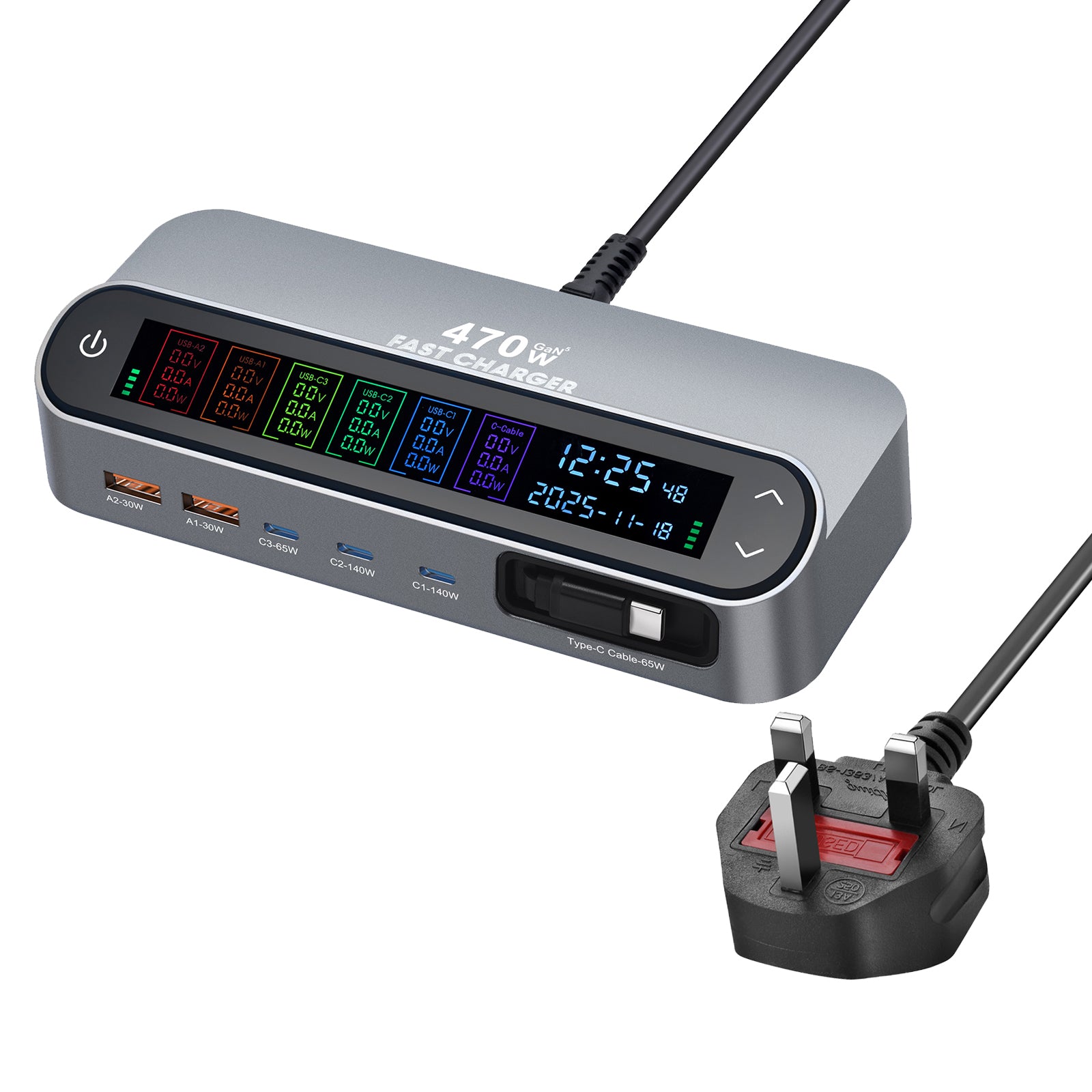 Apophis 470W Ultra-GaN Desktop Charging Station with Retractable Cables & LCD Display