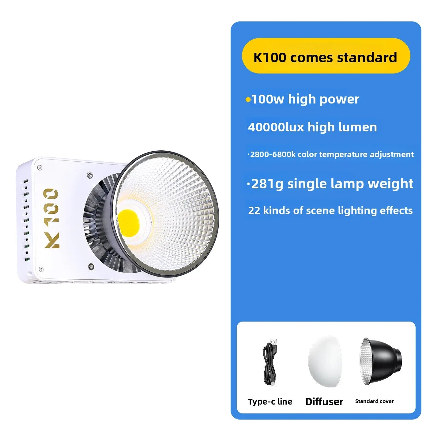 K100 COB Fill Light - 100W Full Color Temperature, Soft Light for Outdoor Night Shooting,Live Streaming & Photography Fill Light